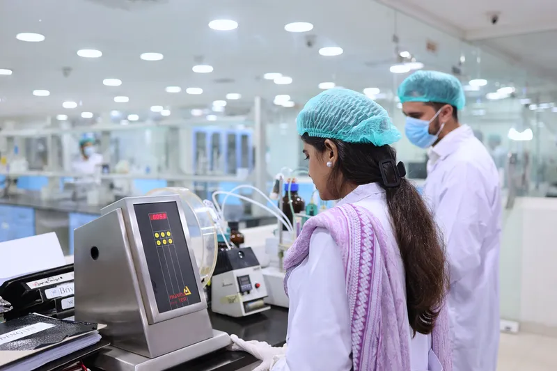 Quality control laboratory testing at May & Baker pharmaceutical facility